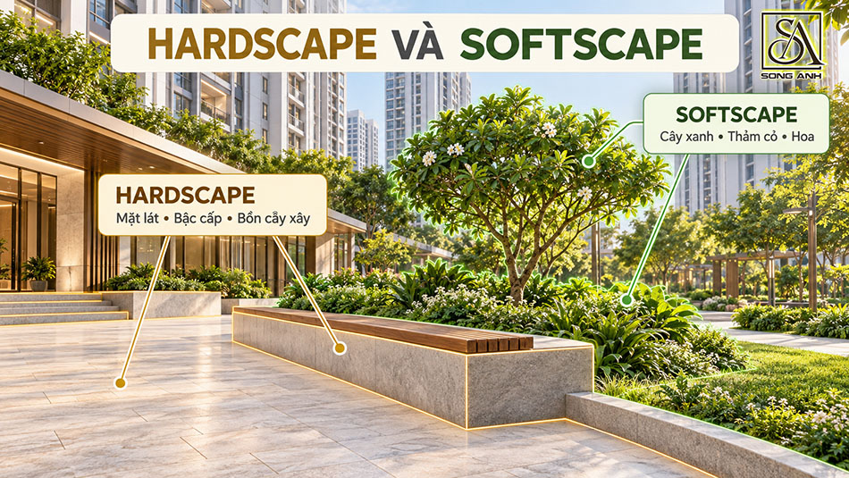 Phân biệt mặt lát và bồn cây xây thuộc hardscape với cây xanh và thảm cỏ thuộc softscape